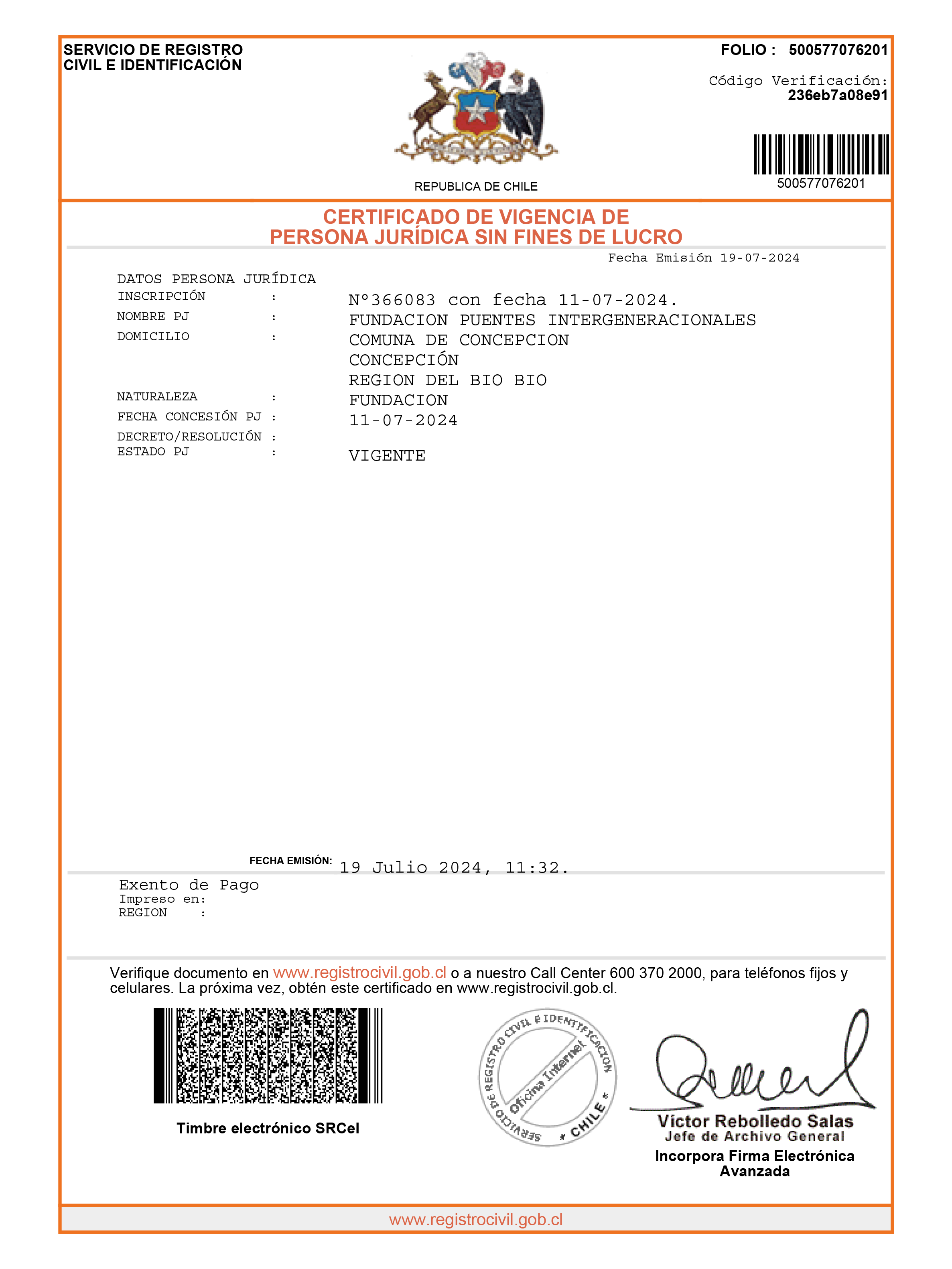 Certificado de Vigencia Fundacion Registro Civil Julio 2024